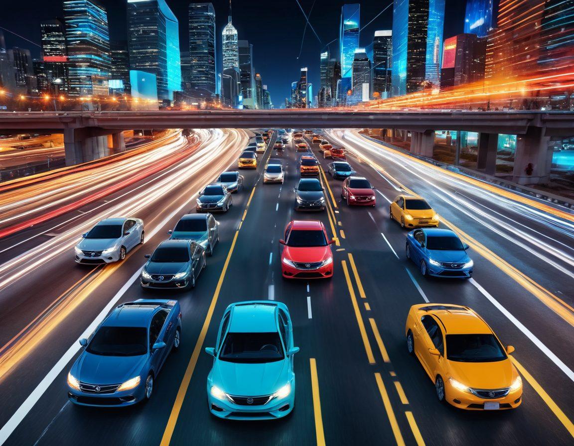 A dynamic collage of modern cars cruising through a digital highway, overlaid with data visualizations and social media icons symbolizing online engagement. Include bright arrows illustrating traffic flow and a background of vibrant city lights, showcasing the intersection of automotive trends and digital success. super-realistic. vibrant colors. 3D.