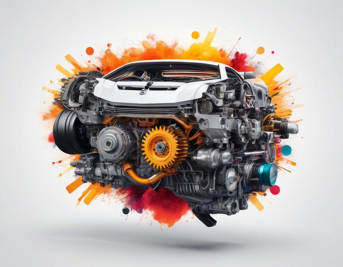 A dynamic composition showcasing a sleek car engine transforming into vibrant, engaging content like blogs and social media posts. Incorporate gears and digital elements to symbolize the blend of mechanics and creativity, with a backdrop of an open road signifying endless possibilities. Use bold colors and modern typography to emphasize the theme of transformation. super-realistic. vibrant colors. white background.