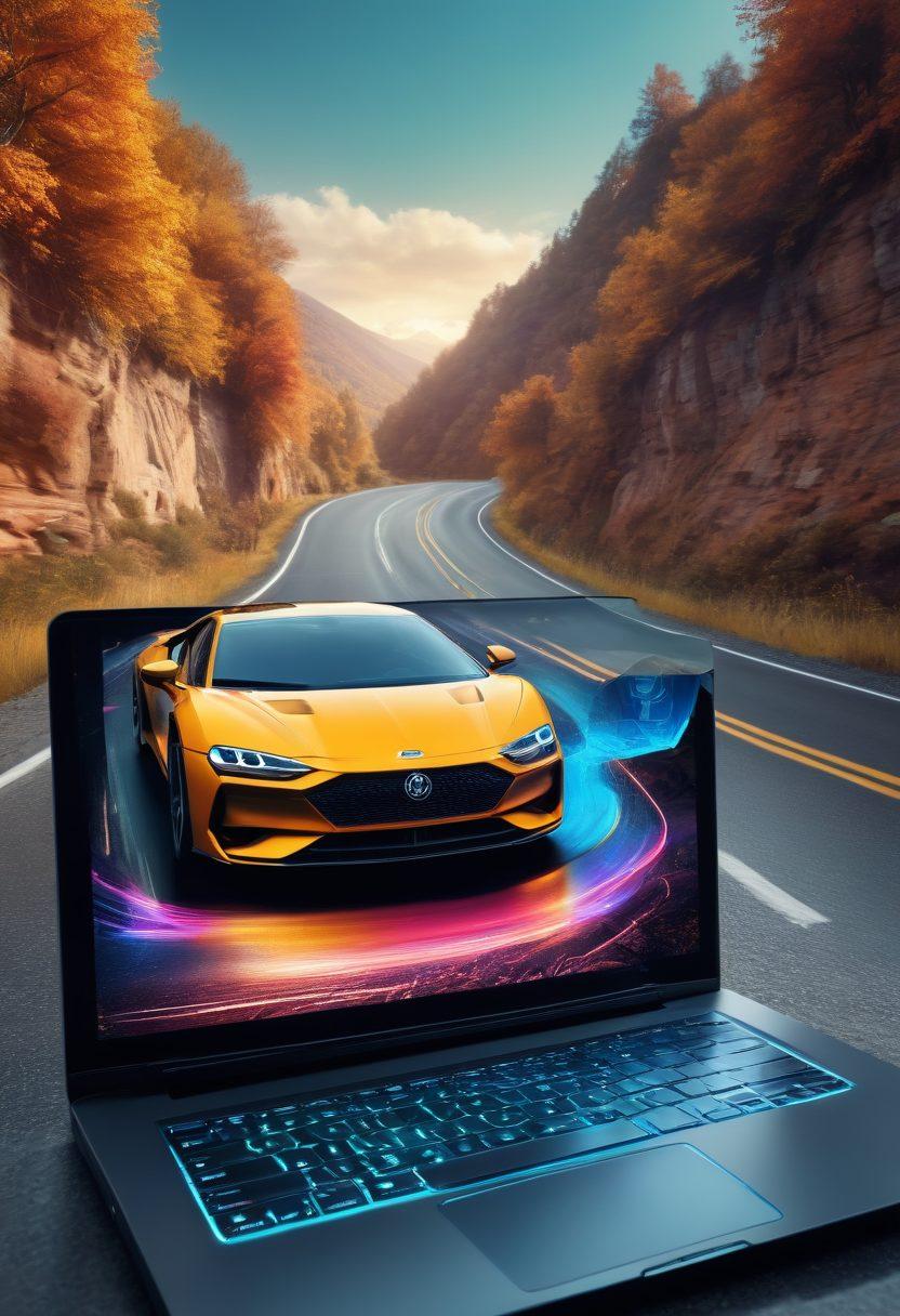 A dynamic scene showcasing an open laptop with a scenic road in the background, featuring digital automotive technologies like holographic car designs emerging from the screen. Elements of blogging, such as pens and notebooks, are scattered around with automotive gear and tools, symbolizing the blend of technology and creativity. The overall color palette should convey energy and innovation, with a touch of speed. super-realistic. vibrant colors. 3D.